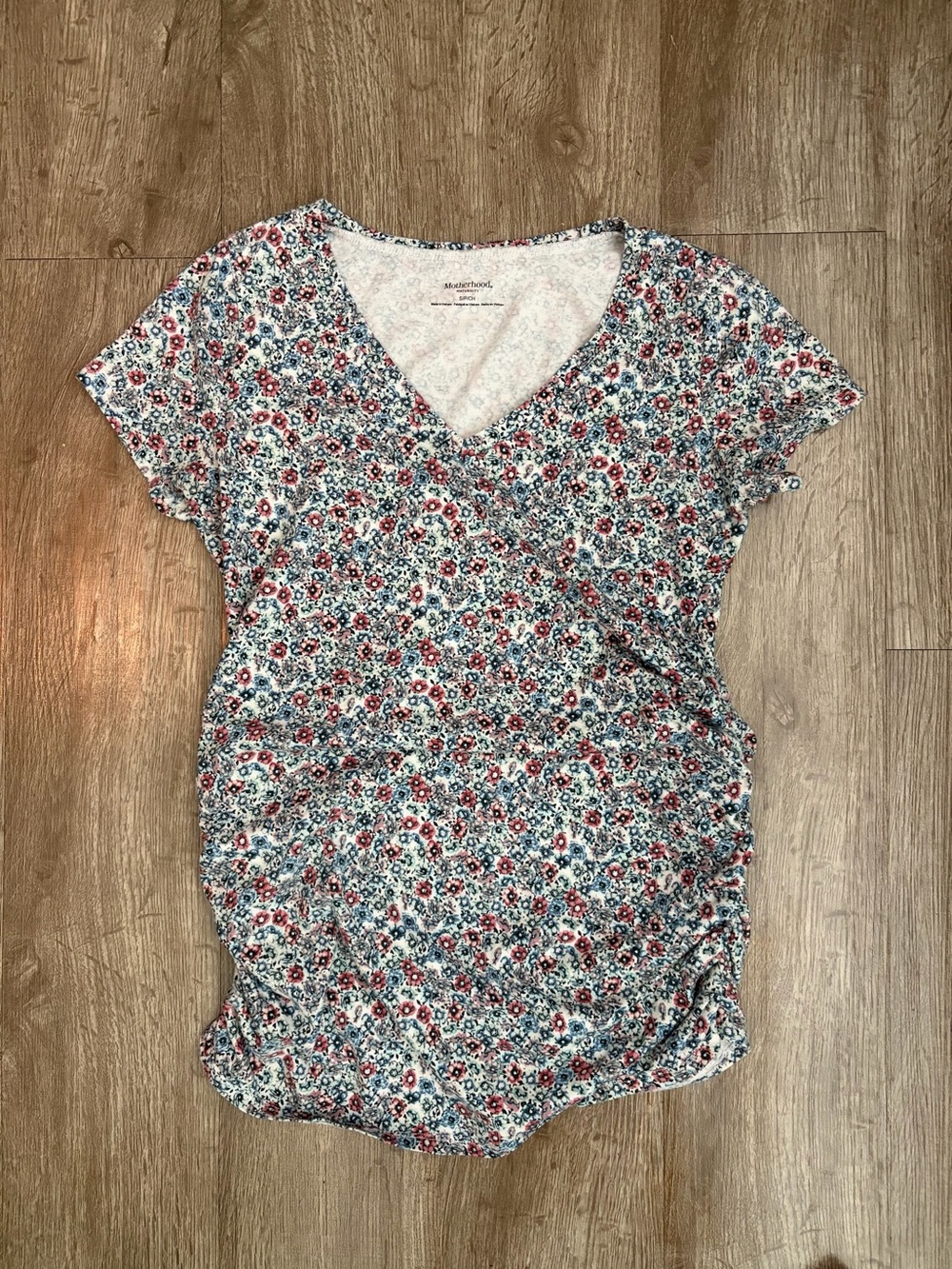 Motherhood Maternity Floral Ruched V-Neck Short Sleeve Tee Shirt Size S